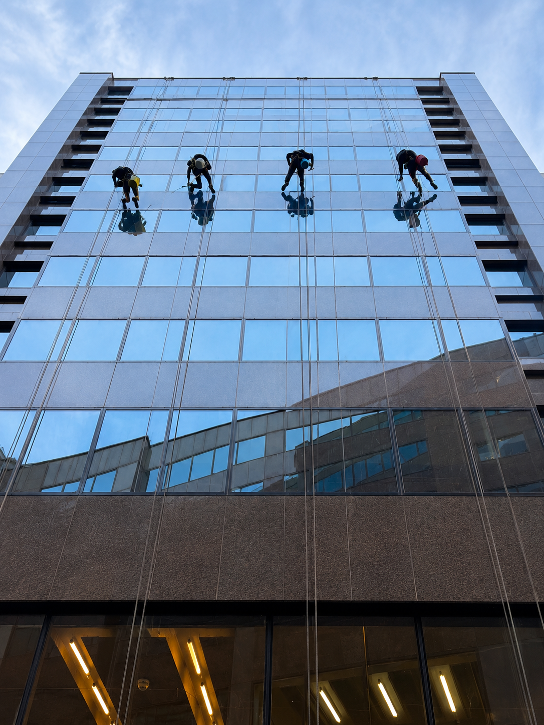 Rope access technicians abseiling down a glass tower